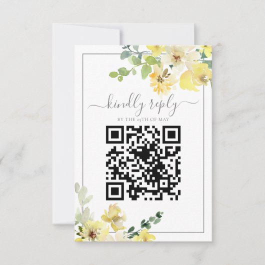 Fijne Gele Floral Sage QR Code Zomerbruiloft RSVP Kaartje (Voorkant)