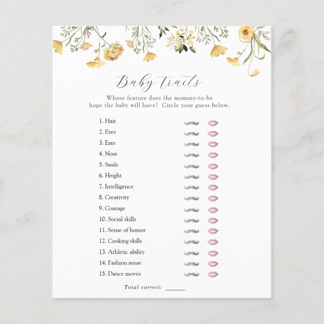 Fijne Gele Wilde Baby Traits Shower Game (Voorkant)