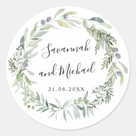 Fijne geschilderde olijf en bladeren bruiloft mono ronde sticker