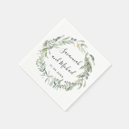 Fijne geschilderde olijf en bladeren bruiloft mono servet (Hoek)