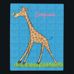 Fijne giraf met vlindervlieger cartoon puzzel<br><div class="desc">Van de gelukkige safari. Deze schattige giraf heeft een vlinder op zijn neus met een blauwe achtergrond.</div>