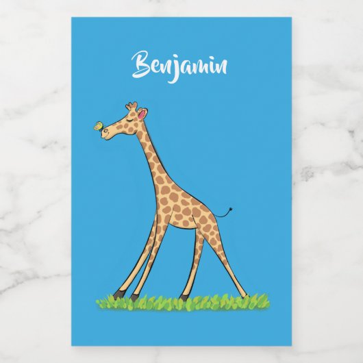 Fijne giraf met vlindervlieger cartoon voedselcontainer etiket (Enkel label)