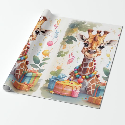 Fijne Giraffe met Cadeaus & Cake | Inpakpapier (Uitgerold)