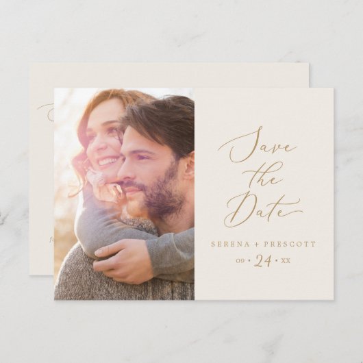 Fijne Gold en Cream Photo Save the Date Uitnodiging Briefkaart (Voorkant / Achterkant)