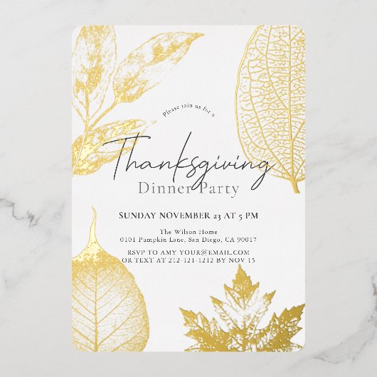 Fijne Gold Leaves Thanksgiving Dinner Folie Uitnodiging (Voorkant)
