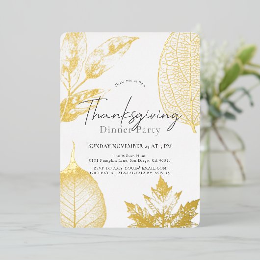 Fijne Gold Leaves Thanksgiving Dinner Folie Uitnodiging (Staand Voorkant)