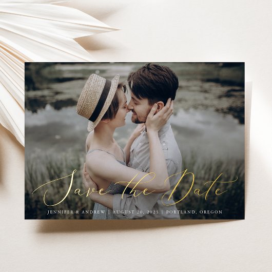 Fijne goud-folie script foto save the date kaart