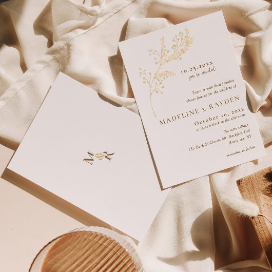 Fijne gouden botanische monogram trouw kaart