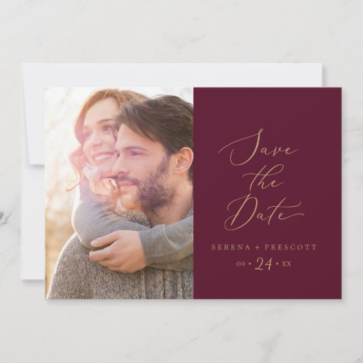 Fijne Gouden Calligrafie | Bourgondische Foto Save The Date (Voorkant)