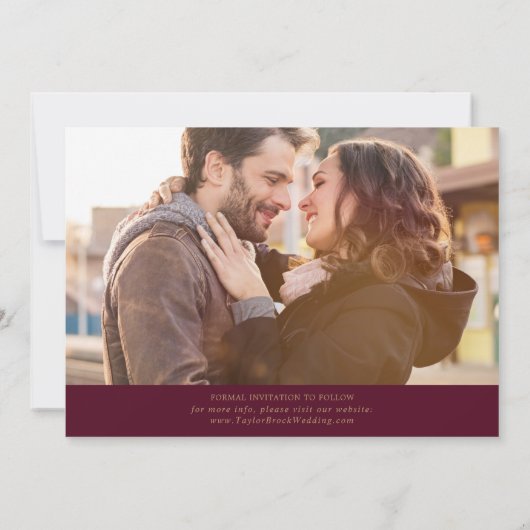 Fijne Gouden Calligrafie | Bourgondische Foto Save The Date (Achterkant)