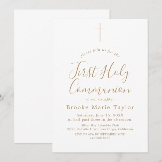 Fijne gouden kalligrafie Eerste Heilige Communie Kaart (Voorkant / Achterkant)