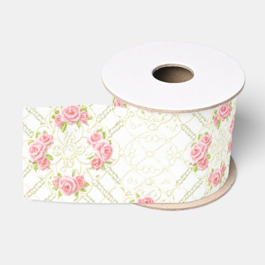 Fijne Gouden Krulwerk & Roze Rozen Bloemen Grosgrain Lint (Spoel)
