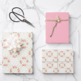 Fijne Gouden Krulwerk & Roze Rozen Bloemmotief Inpakpapier Vel