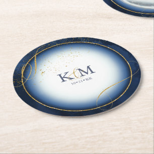 Fijne Gouden Lijnen Abstracte Trouw V3 Navy ID867 Ronde Kartonnen Onderzetter