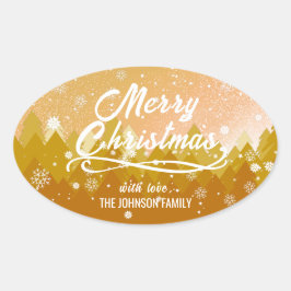 Fijne Gouden Vreedzame Sneeuw Bos Prettig Kerstfee Ovale Sticker
