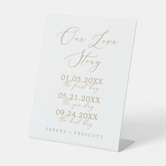 Fijne goudkalligrafie Ons liefdesverhaal bruiloft Reclamebord Met Voetstuk (Voorkant)