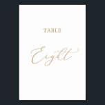 Fijne goudkalligrafie Tabel Acht tabelnummer Kaart<br><div class="desc">Deze delicate goudkalligrafietabel met acht tabelnummers is perfect voor een moderne bruiloft. Het romantische minimalistische ontwerp is voorzien van een mooie en elegante gouden champagne-gele typografie op een witte achtergrond met een schone en eenvoudige look. De prints op de voor- en achterzijde van de kaart (dubbelzijdig). Andere tabelnummers in het...</div>