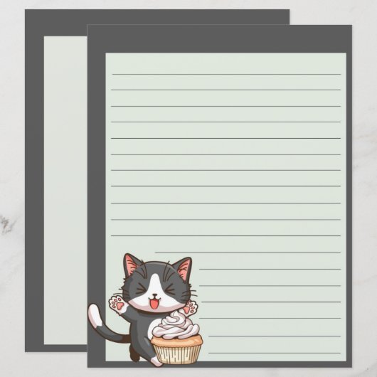 Fijne grijze kat met cupcake, geschreven papier me (Voorkant / Achterkant)