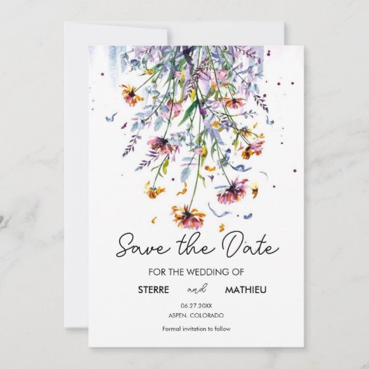 Fijne grillige wilde bloemen save the date (Voorkant)
