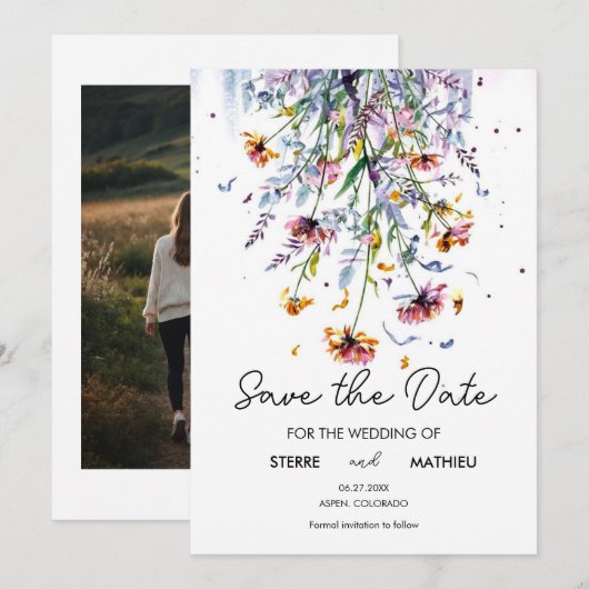 Fijne grillige wilde bloemen save the date (Voorkant / Achterkant)