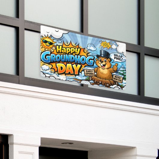Fijne Groundhog Day  Grappige Achtergrond Spandoek (Buitenkant Gebouw)