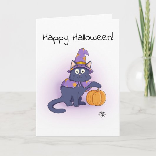 Fijne Halloween | Black Cat Wizard Kaart (Voorkant)