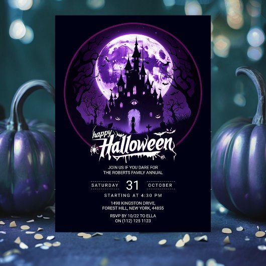 Fijne Halloween-feest uitnodiging | Paarse heksens