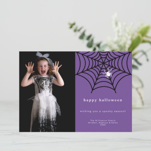 Fijne Halloween Griezelfoto met Spinnenweb Sjabloo Feestdagenkaart (Staand voorkant)