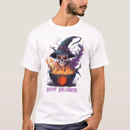 Fijne Halloween! Heksen schedel T-shirt (Voorkant)