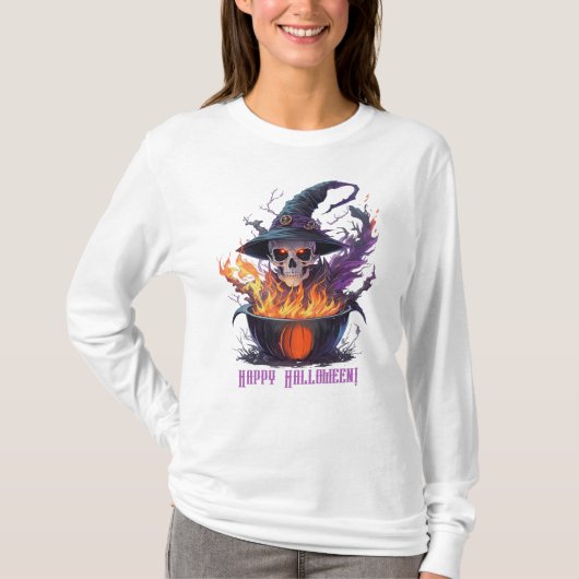 Fijne Halloween! Heksen schedel T-shirt (Voorkant)