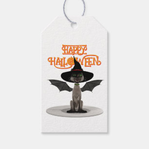 Fijne Halloween. Kat met vleugels en heks pet Cadeaulabel