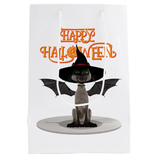 Fijne Halloween. Kat met vleugels en heks pet Medium Cadeauzakje (Achterkant)