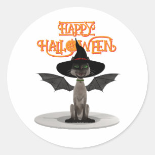 Fijne Halloween. Kat met vleugels en heks pet Ronde Sticker