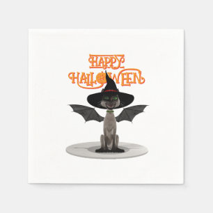 Fijne Halloween. Kat met vleugels en heks pet Servet