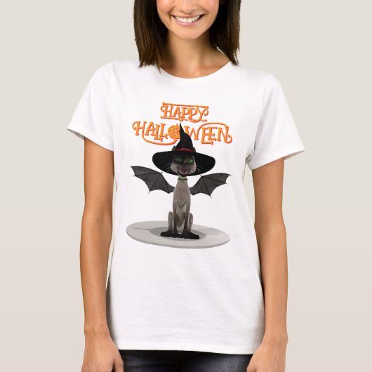 Fijne Halloween. Kat met vleugels en heks pet T-shirt (Voorkant)