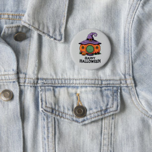 Fijne Halloween Pompoen Cottage & Heksenhoed Dak Ronde Button 5,7 Cm