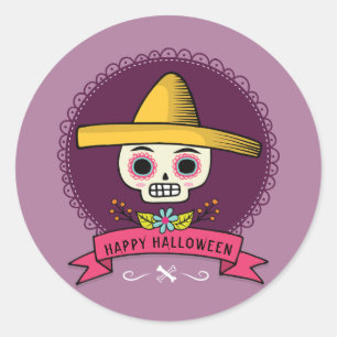 Fijne Halloween. Suikerschedel. Ronde Sticker