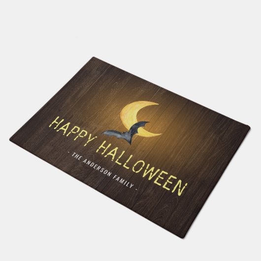 Fijne Halloween Vleermuis & Maan Rustieke Achtergr Deurmat (Schuin)