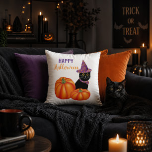 Fijne Halloween Zwarte Kat en Pompoenen Decoratie Kussen