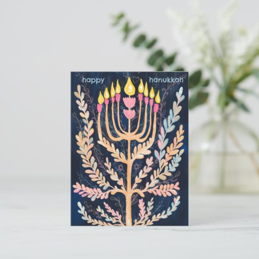 Fijne Hanukkah Botanische Menorah vakantie Briefkaart (Staand voorkant)
