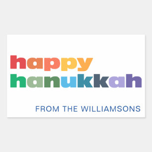 Fijne Hanukkah Eenvoudige Regenboog Typografie Aan Rechthoekige Sticker