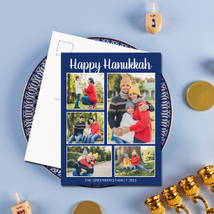 Fijne Hanukkah familie foto collage modern blauw Feestdagenkaart