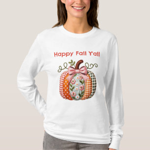 Fijne Herfst Y'All Patchwork Geborduurde Pompoen T-shirt