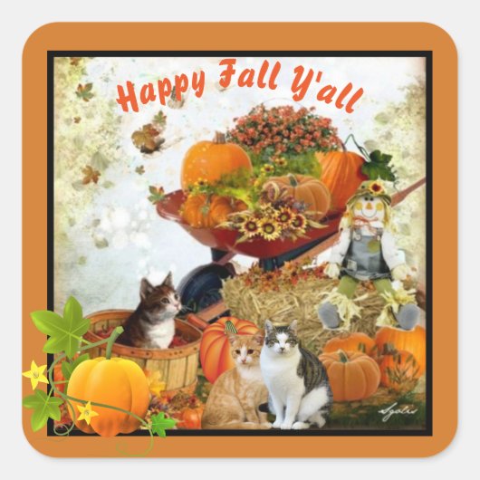 Fijne Herfst Y'all Pompoenen en Katten Seizoensgeb Vierkante Sticker (Voorkant)