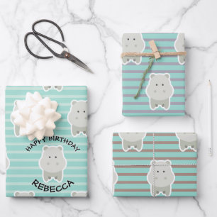 Fijne Hippo Stripes Birthday Name Inpakpapier Vel