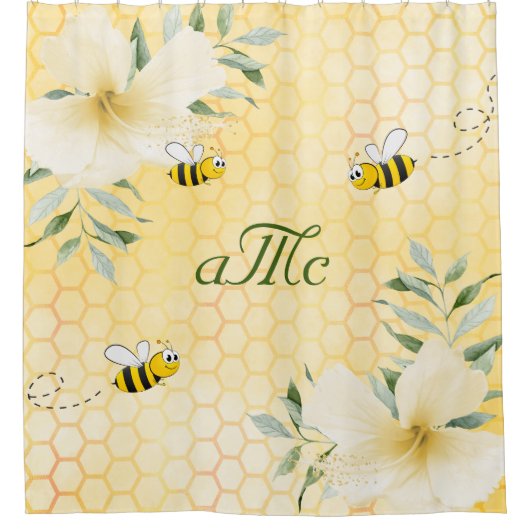 Fijne hommels gele honingraat bloemmonogram douchegordijn (Voorkant)