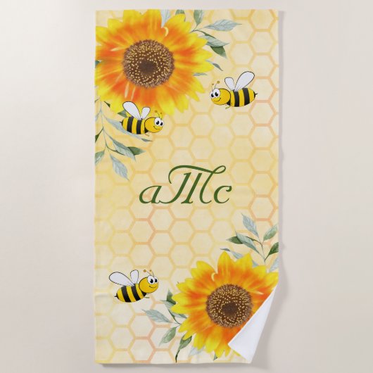 Fijne hommels gele monogram zonnebloempitten strandlaken (Voorkant)