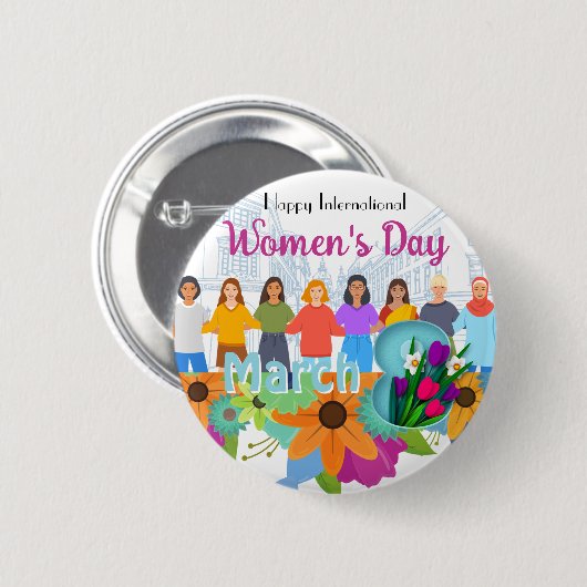 Fijne Internationale Vrouwendag 8 maart Button (Voorkant /achterkant)