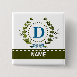 Fijne Ivy Wreath en Bow Name met Monogram D Vierkante Button 5,1 Cm