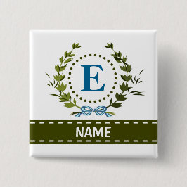 Fijne Ivy Wreath en Bow Name met Monogram E Vierkante Button 5,1 Cm